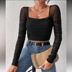 SHEIN Black Square-Neck Sheer Long-Sleeve Crop Top